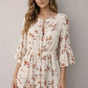 American Eagle Floral Romper Cream Boho Bell Sleeve Keyhole Back